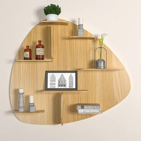 Abstract Shape Backlit Designer Wooden Wall Shelf / Book Shelf / Night Light, Light Oak Finish - Decor Mantra 