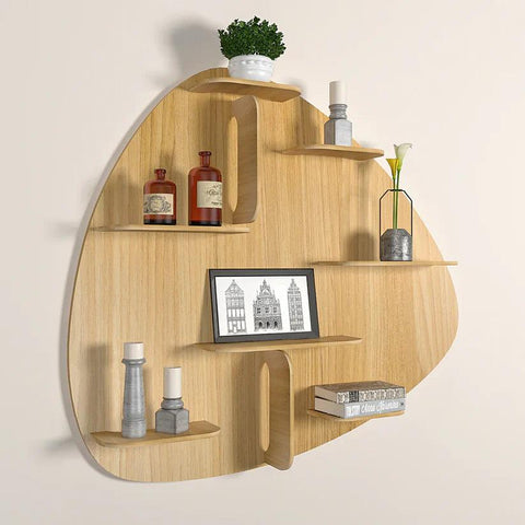 Abstract Shape Backlit Designer Wooden Wall Shelf / Book Shelf / Night Light, Light Oak Finish - Decor Mantra 