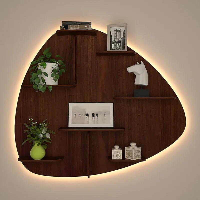 Abstract Shape Backlit Designer Wooden Wall Shelf / Book Shelf / Night Light, Walnut Finish - Decor Mantra 