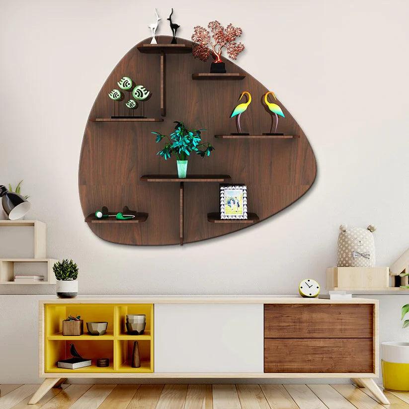 Abstract Shape Backlit Designer Wooden Wall Shelf / Book Shelf / Night Light, Walnut Finish - Decor Mantra 