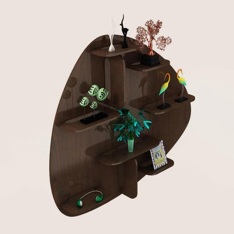 Abstract Shape Backlit Designer Wooden Wall Shelf / Book Shelf / Night Light, Walnut Finish - Decor Mantra 