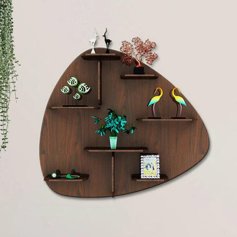 Abstract Shape Backlit Designer Wooden Wall Shelf / Book Shelf / Night Light, Walnut Finish - Decor Mantra 