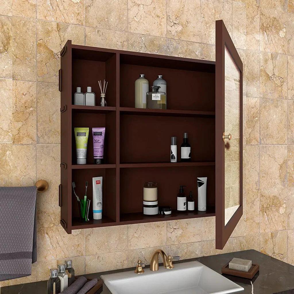 Aesthetic Modern Style Wooden Bathroom Cabinet Mirror With 5 Spacious Shelves Brown Finish - Decor Mantra 