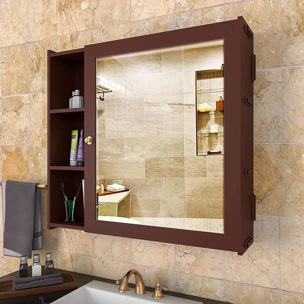 Aesthetic Modern Style Wooden Bathroom Cabinet Mirror With 5 Spacious Shelves Brown Finish - Decor Mantra 