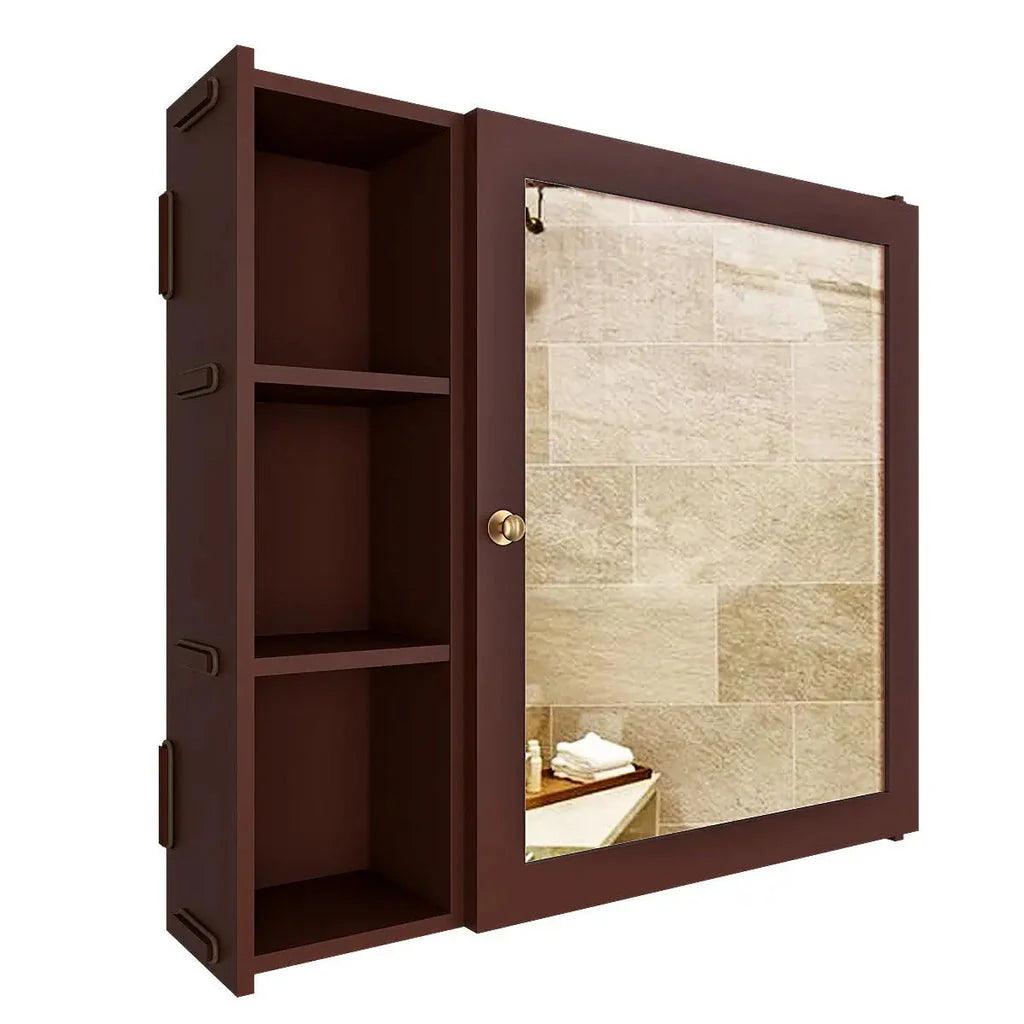 Aesthetic Modern Style Wooden Bathroom Cabinet Mirror With 5 Spacious Shelves Brown Finish - Decor Mantra 