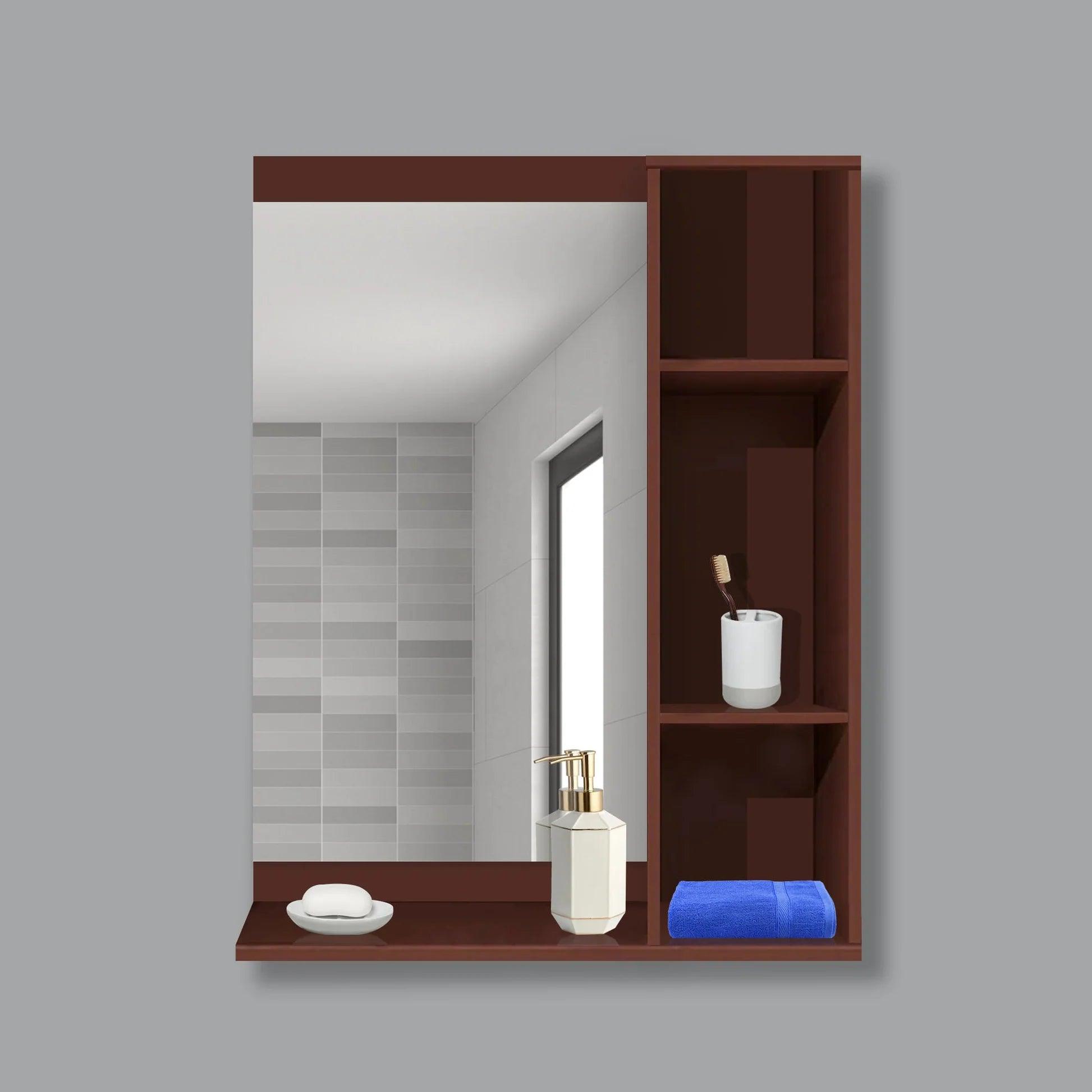 Aesthetic Wooden Bathroom Cabinet Mirror with 4 Spacious Shelves with Solid Brown Finish - Decor Mantra 