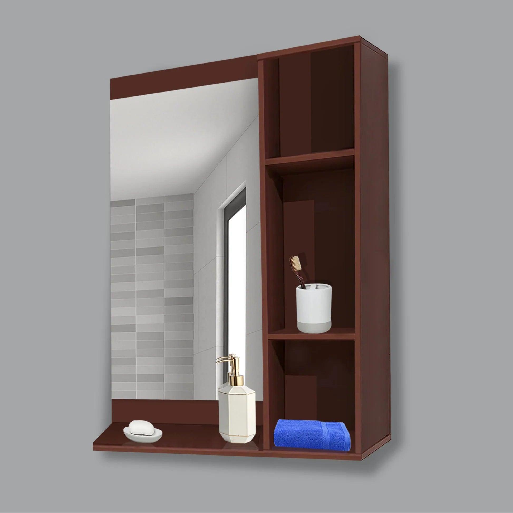 Aesthetic Wooden Bathroom Cabinet Mirror with 4 Spacious Shelves with Solid Brown Finish - Decor Mantra 