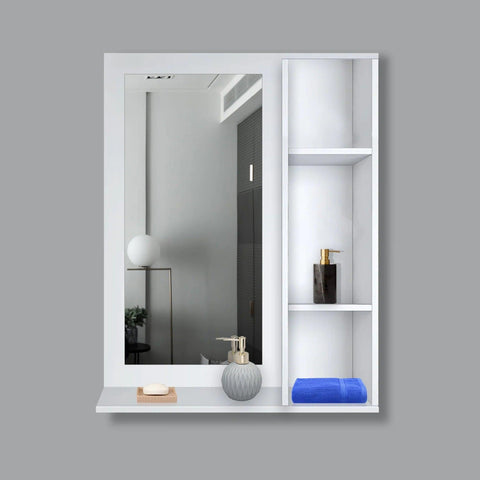 Aesthetic Wooden Bathroom Cabinet Mirror with 4 Spacious Shelves with White Finish - Decor Mantra 