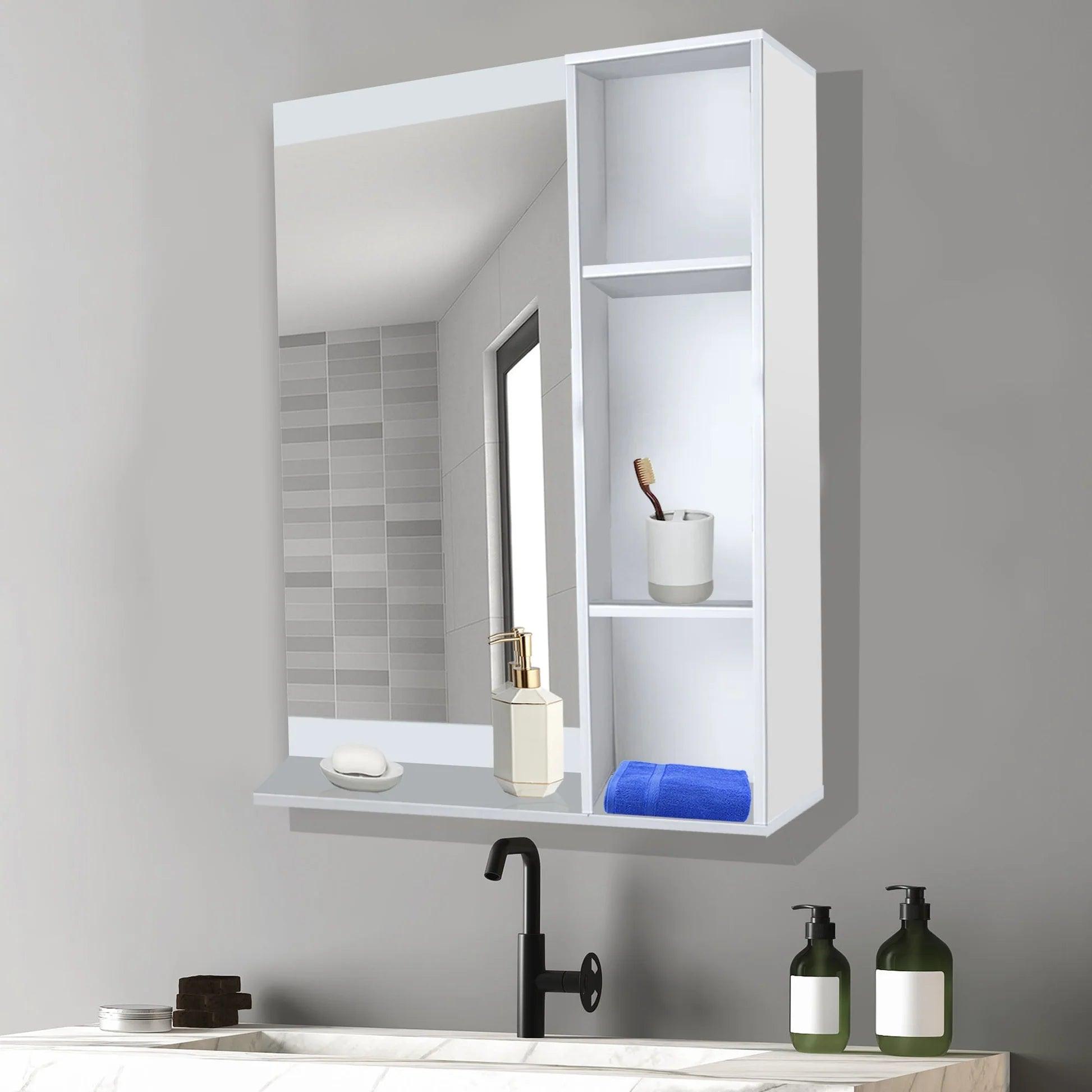 Aesthetic Wooden Bathroom Cabinet Mirror with 4 Spacious Shelves with White Finish - Decor Mantra 
