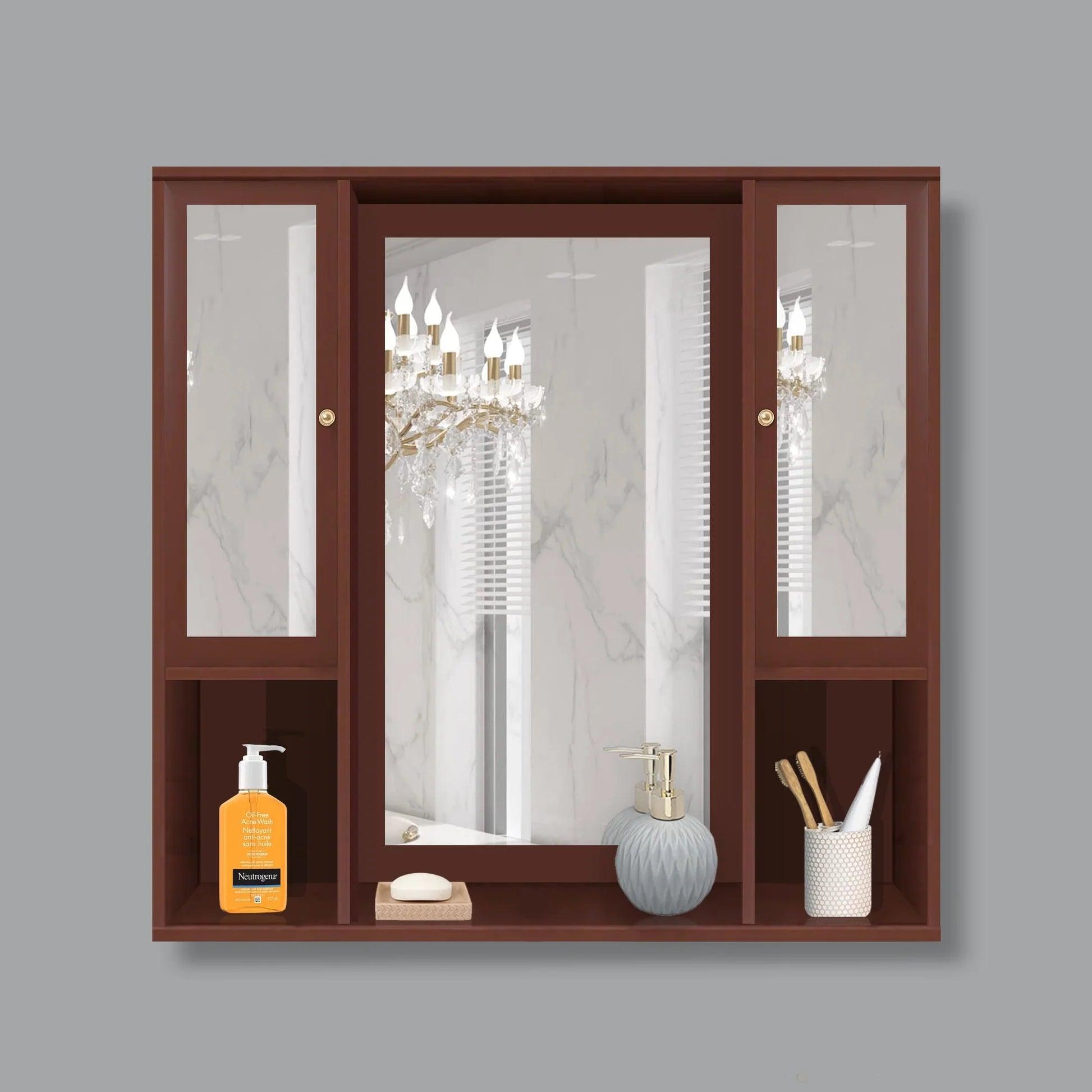 Aesthetic Wooden Bathroom Cabinet Mirror with 7 Spacious Shelves Finish Solid Brown - Decor Mantra 