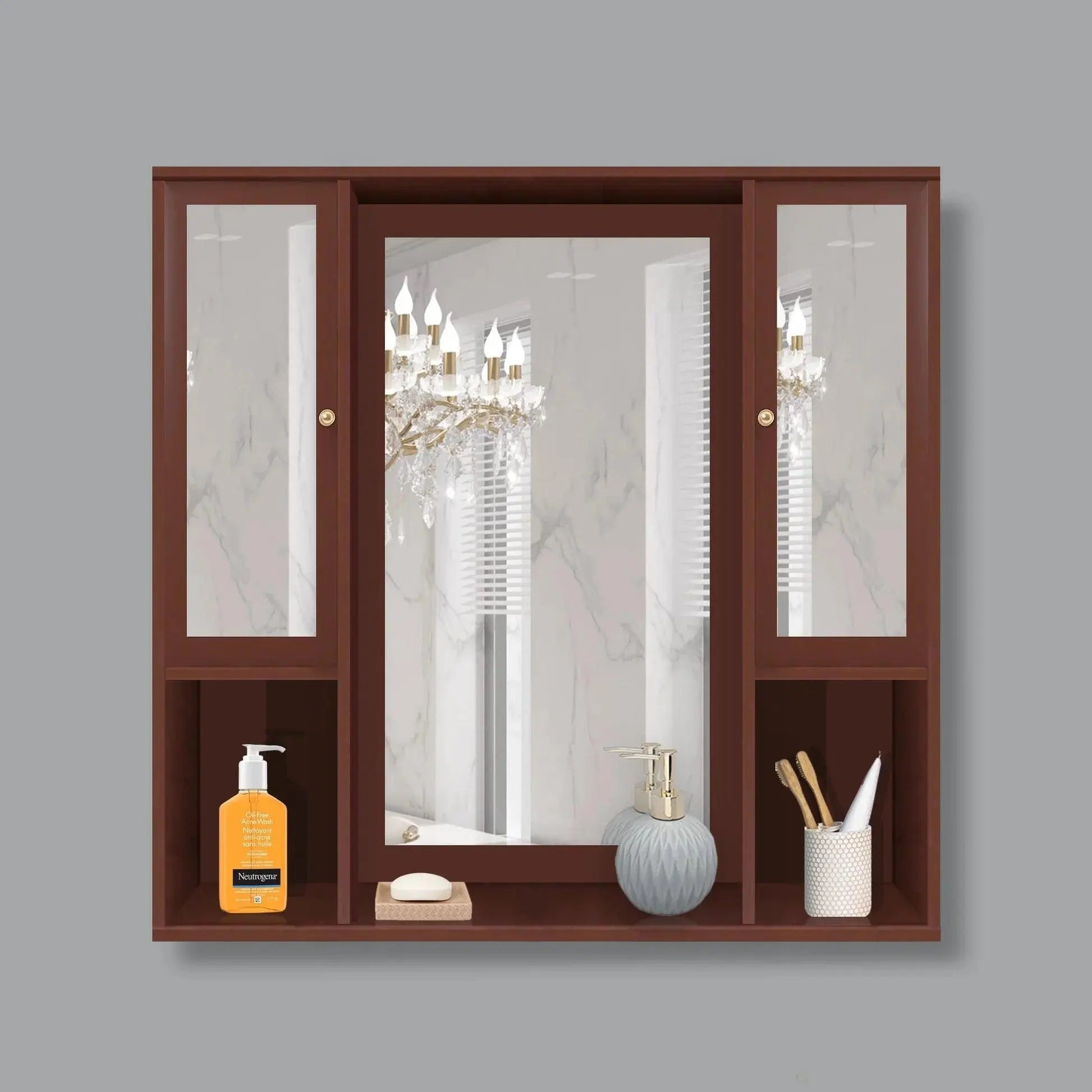 Aesthetic Wooden Bathroom Cabinet Mirror with 7 Spacious Shelves Finish Solid Brown - Decor Mantra 