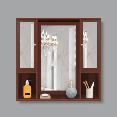Aesthetic Wooden Bathroom Cabinet Mirror with 7 Spacious Shelves Finish Solid Brown - Decor Mantra 
