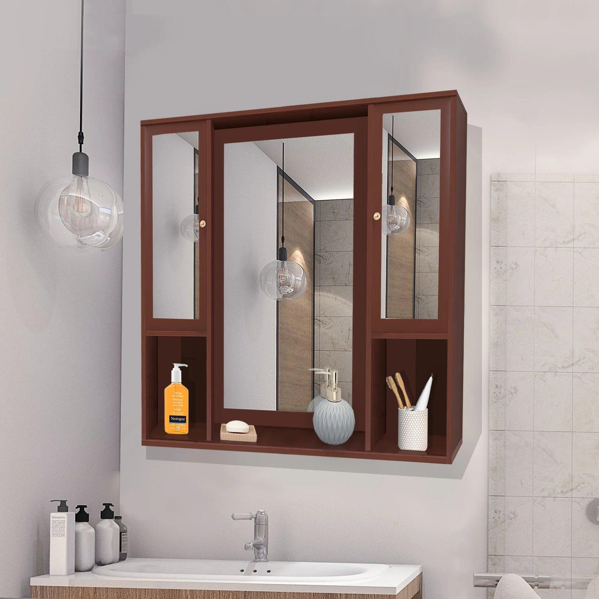 Aesthetic Wooden Bathroom Cabinet Mirror with 7 Spacious Shelves Finish Solid Brown - Decor Mantra 