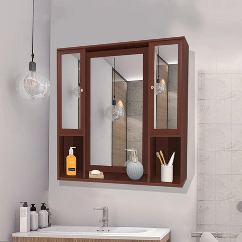 Aesthetic Wooden Bathroom Cabinet Mirror with 7 Spacious Shelves Finish Solid Brown - Decor Mantra 