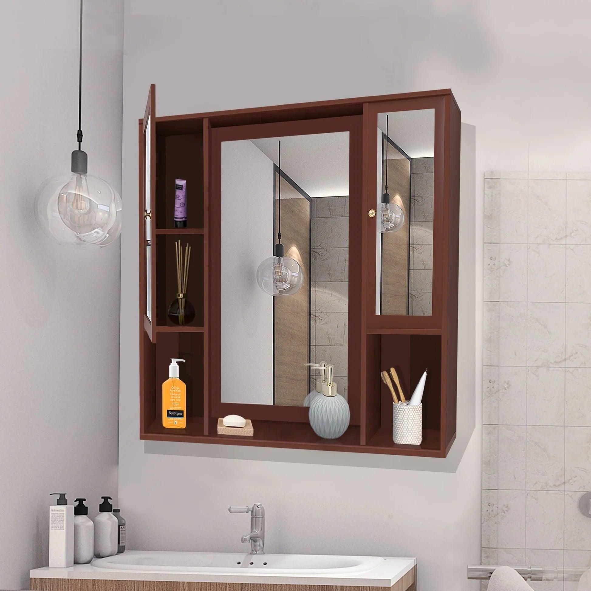 Aesthetic Wooden Bathroom Cabinet Mirror with 7 Spacious Shelves Finish Solid Brown - Decor Mantra 