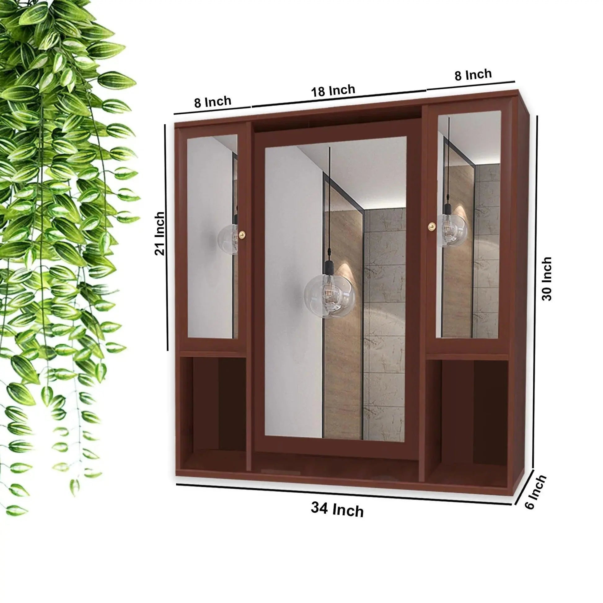 Aesthetic Wooden Bathroom Cabinet Mirror with 7 Spacious Shelves Finish Solid Brown - Decor Mantra 