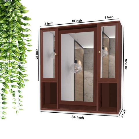 Aesthetic Wooden Bathroom Cabinet Mirror with 7 Spacious Shelves Finish Solid Brown - Decor Mantra 