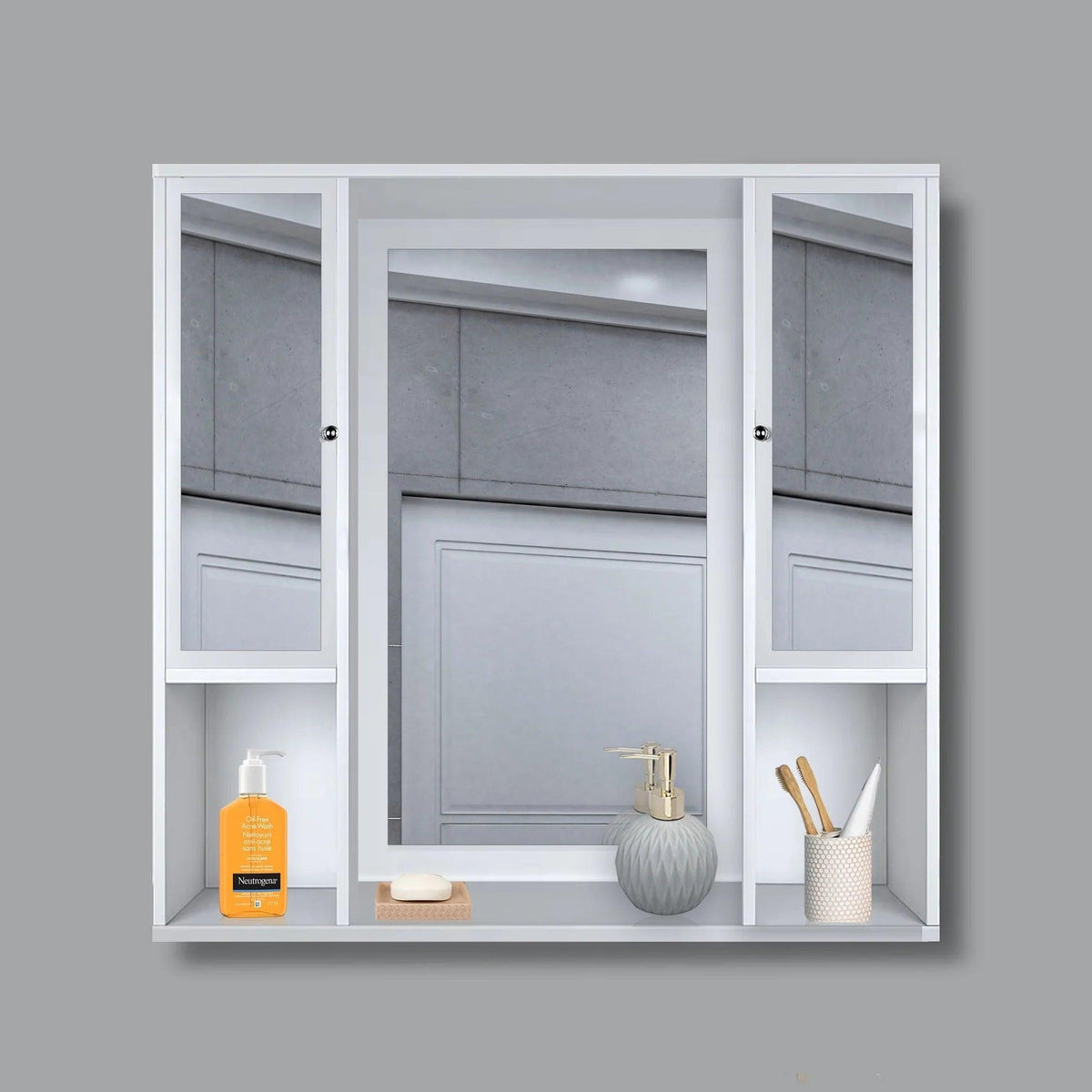 Aesthetic Wooden Bathroom Cabinet Mirror with 7 Spacious Shelves with White Finish - Decor Mantra 