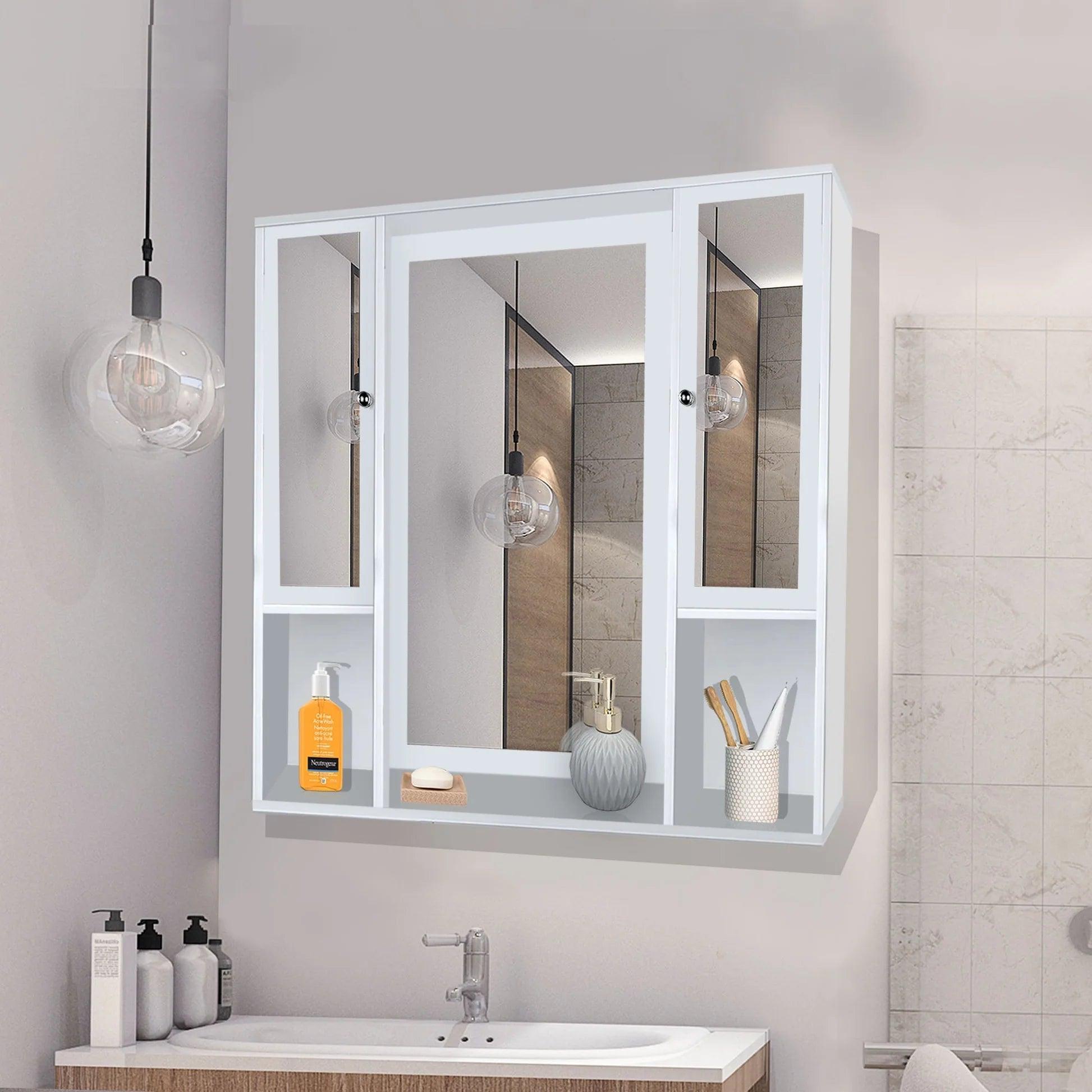 Aesthetic Wooden Bathroom Cabinet Mirror with 7 Spacious Shelves with White Finish - Decor Mantra 