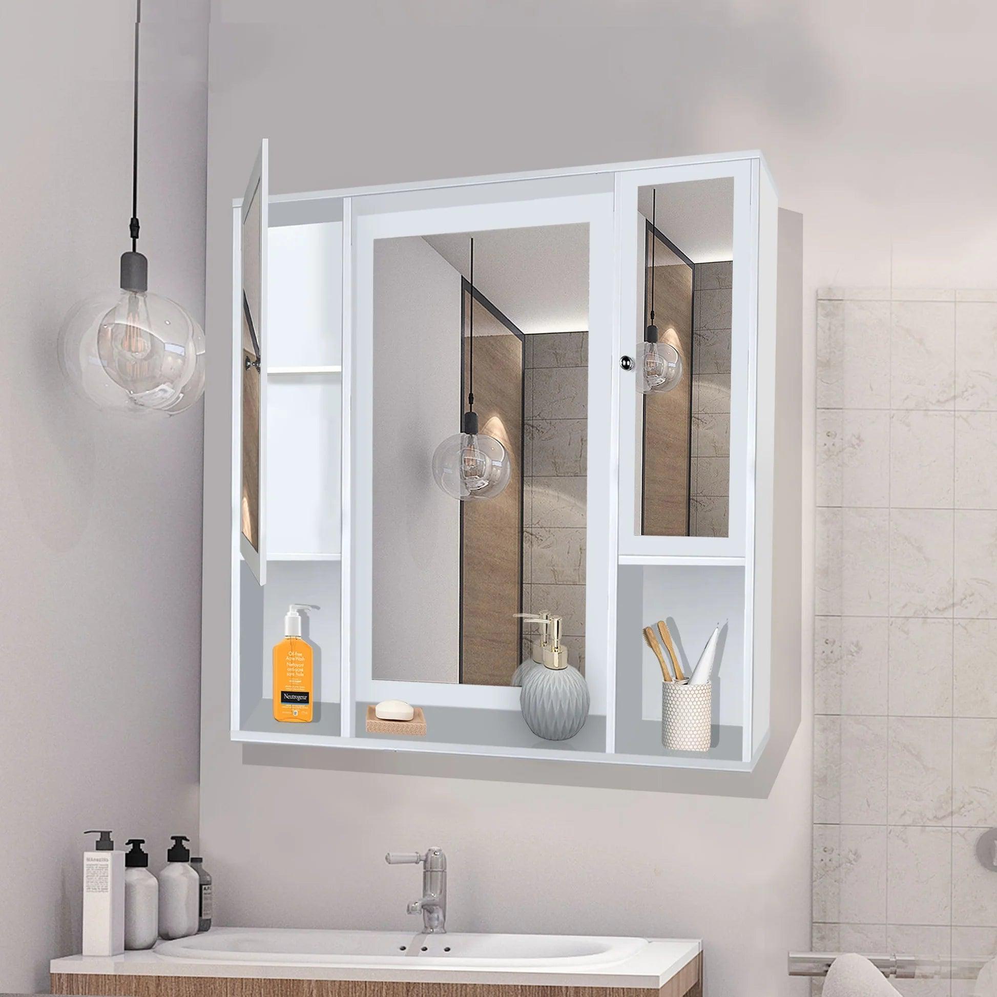 Aesthetic Wooden Bathroom Cabinet Mirror with 7 Spacious Shelves with White Finish - Decor Mantra 