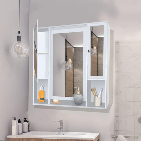 Aesthetic Wooden Bathroom Cabinet Mirror with 7 Spacious Shelves with White Finish - Decor Mantra 