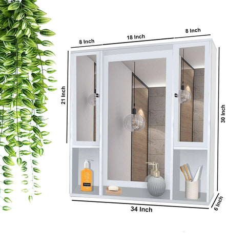 Aesthetic Wooden Bathroom Cabinet Mirror with 7 Spacious Shelves with White Finish - Decor Mantra 