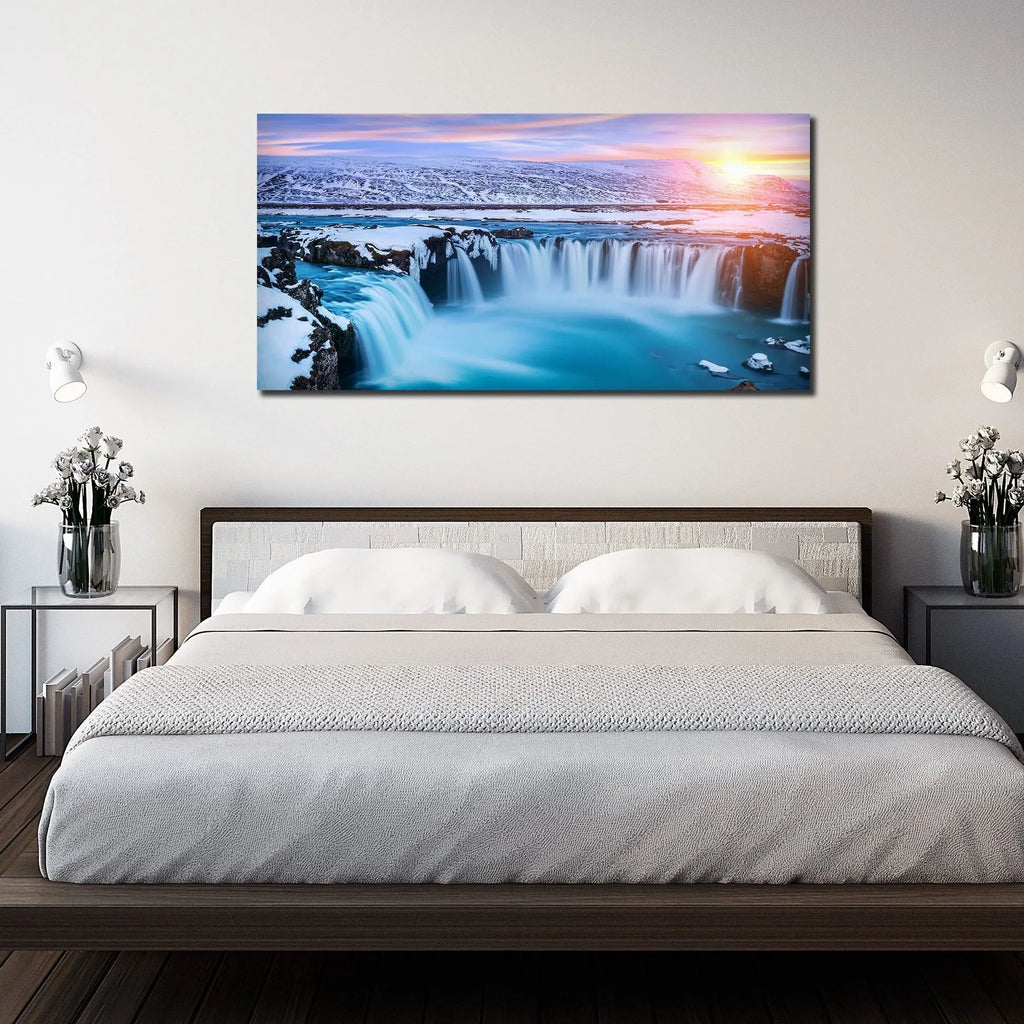 Amazing Godafoss Waterfall in Winter Premium Canvas Wall Painting DECORMANTRA