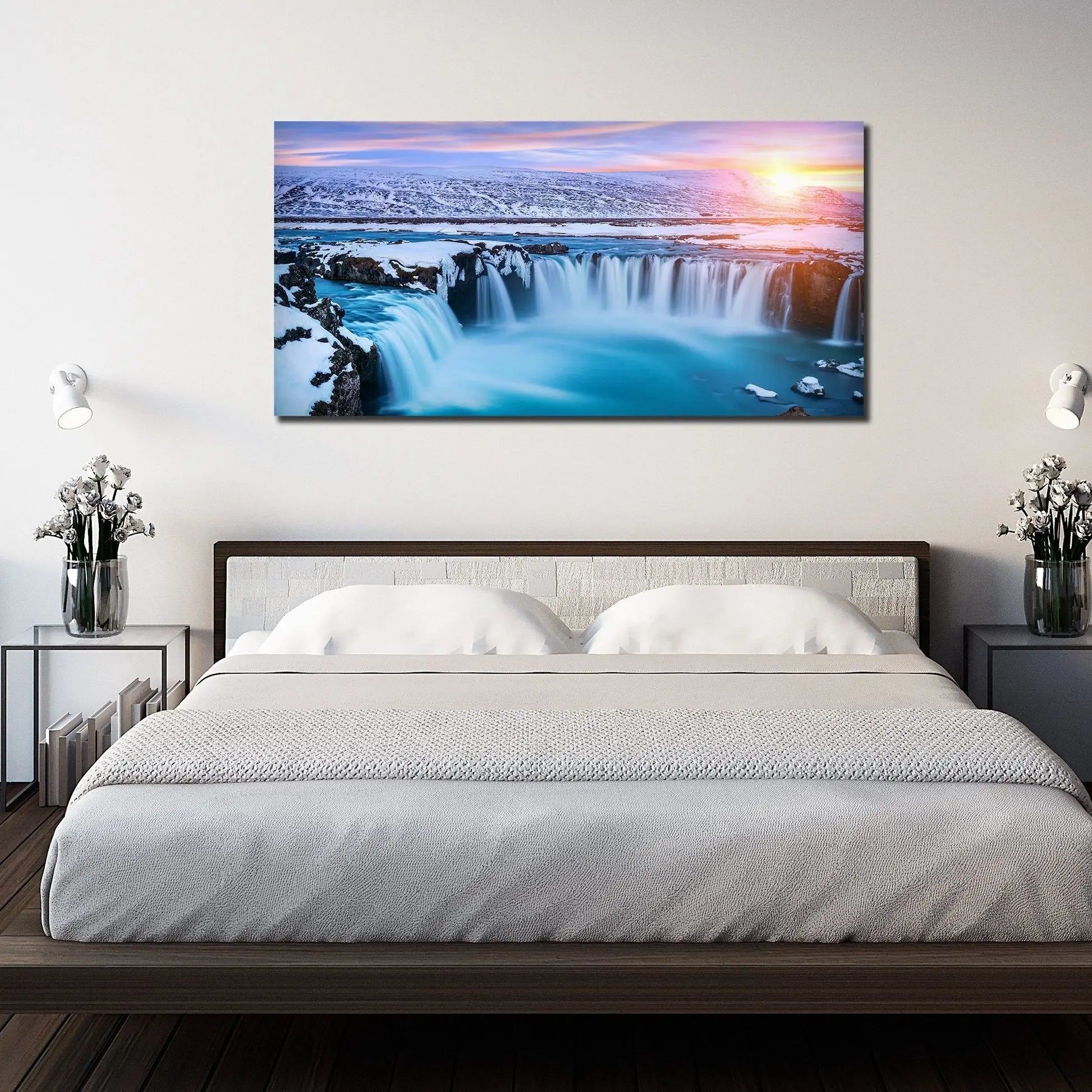 Amazing Godafoss Waterfall in Winter Premium Canvas Wall Painting DECORMANTRA