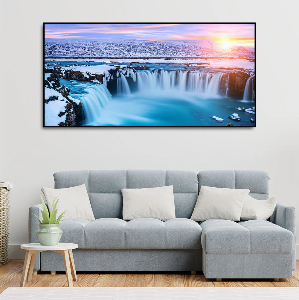 Amazing Godafoss Waterfall in Winter Premium Canvas Wall Painting DECORMANTRA