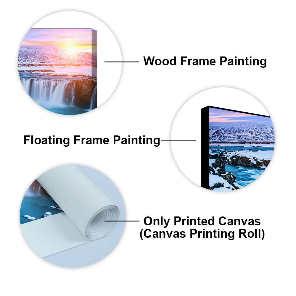 Amazing Godafoss Waterfall in Winter Premium Canvas Wall Painting DECORMANTRA