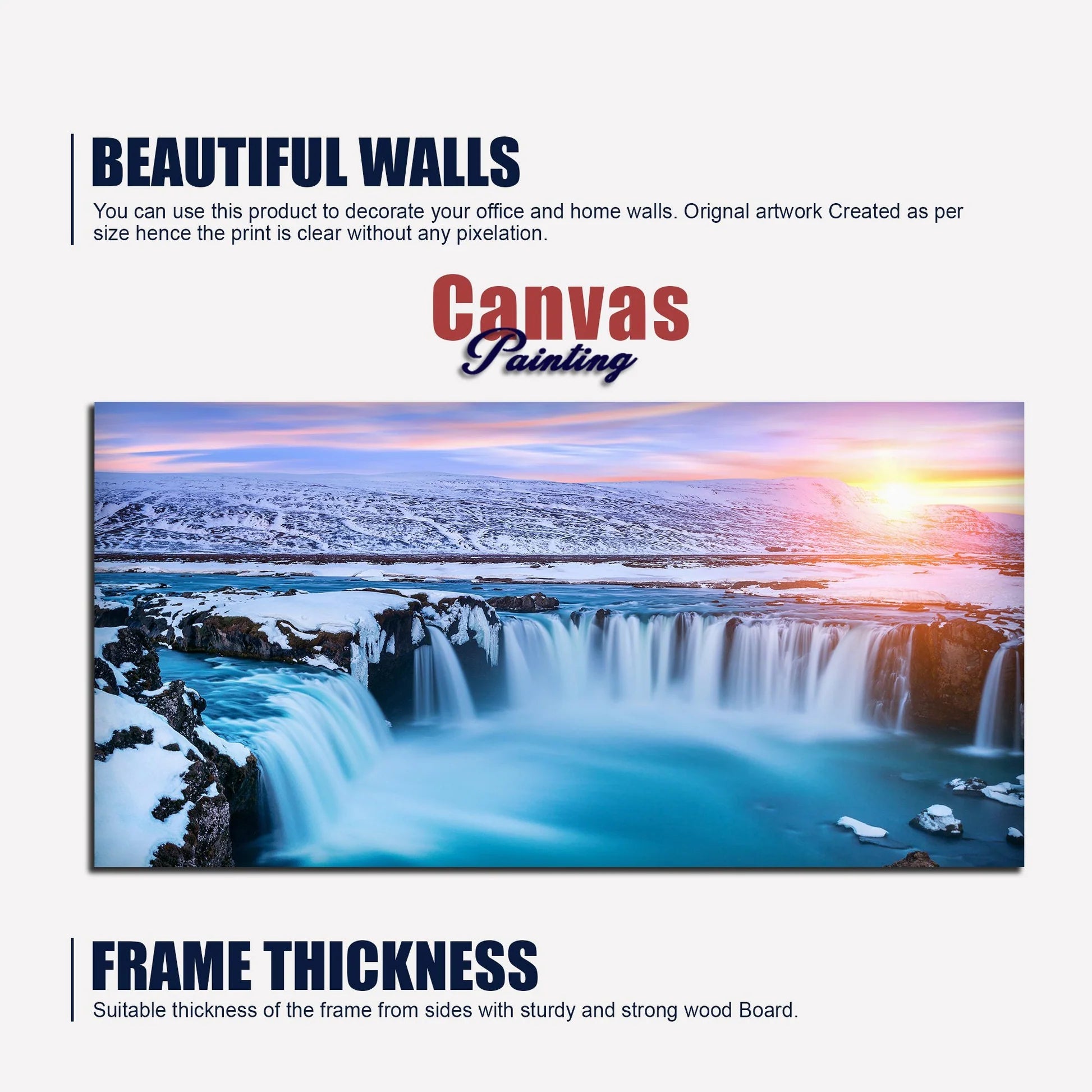 Amazing Godafoss Waterfall in Winter Premium Canvas Wall Painting DECORMANTRA