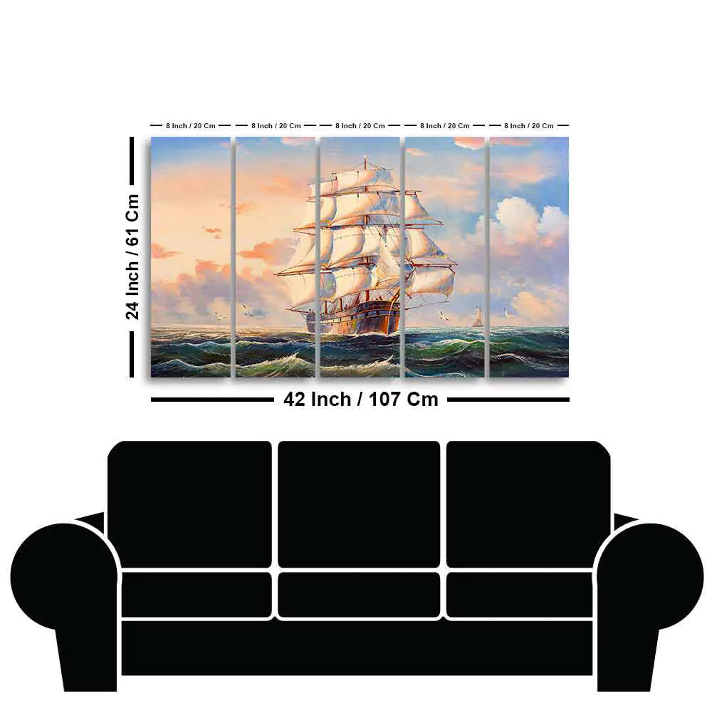 Amazing Sailing Ship Wall Painting of Five Pieces DECORMANTRA