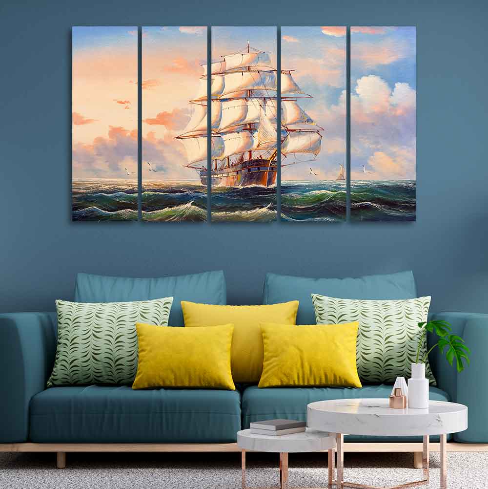 Amazing Sailing Ship Wall Painting of Five Pieces DECORMANTRA