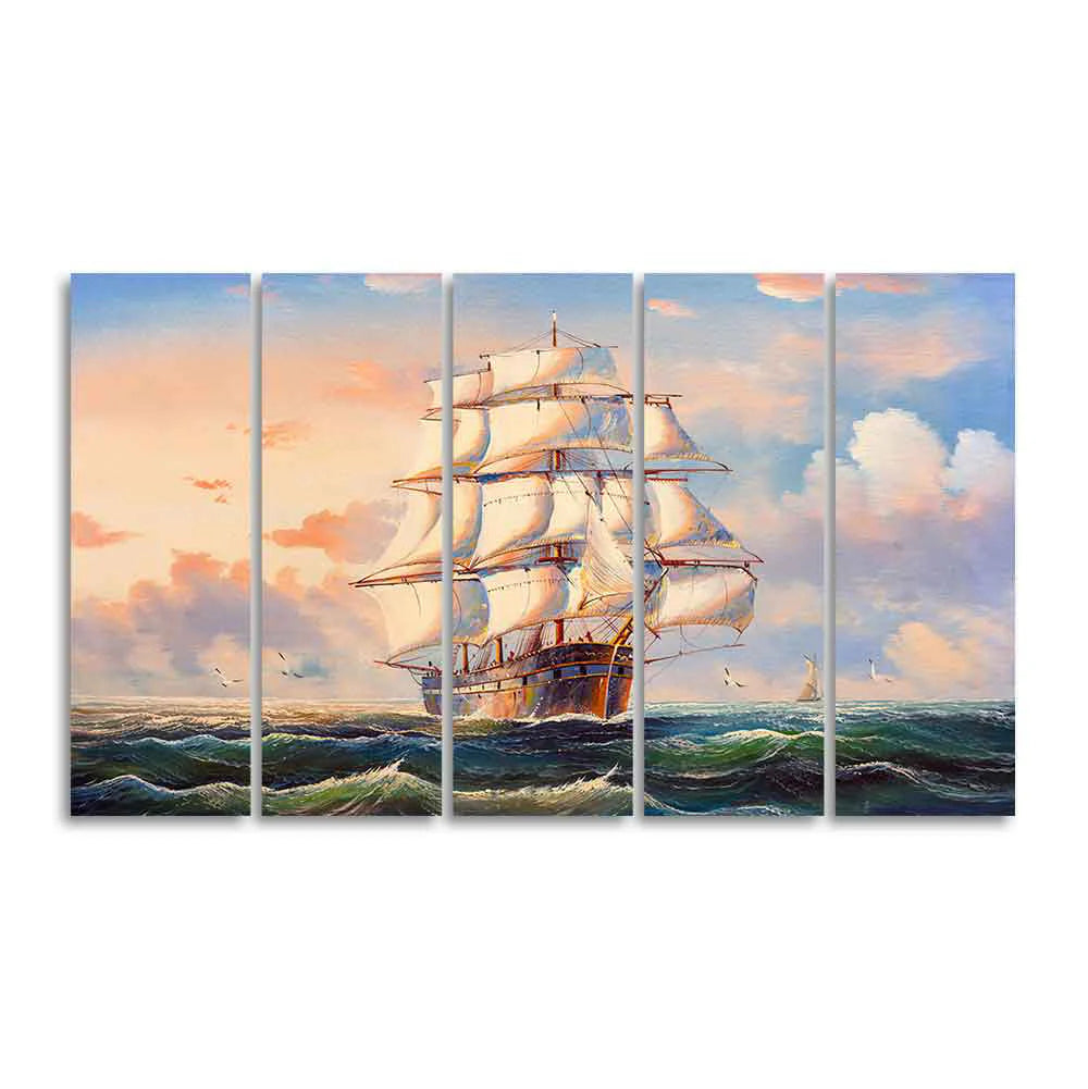 Amazing Sailing Ship Wall Painting of Five Pieces DECORMANTRA