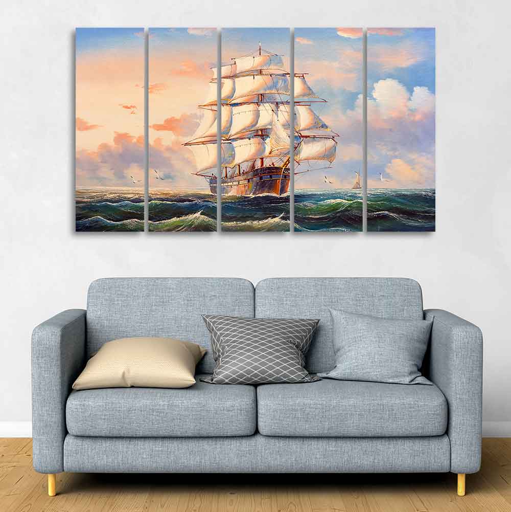Amazing Sailing Ship Wall Painting of Five Pieces DECORMANTRA