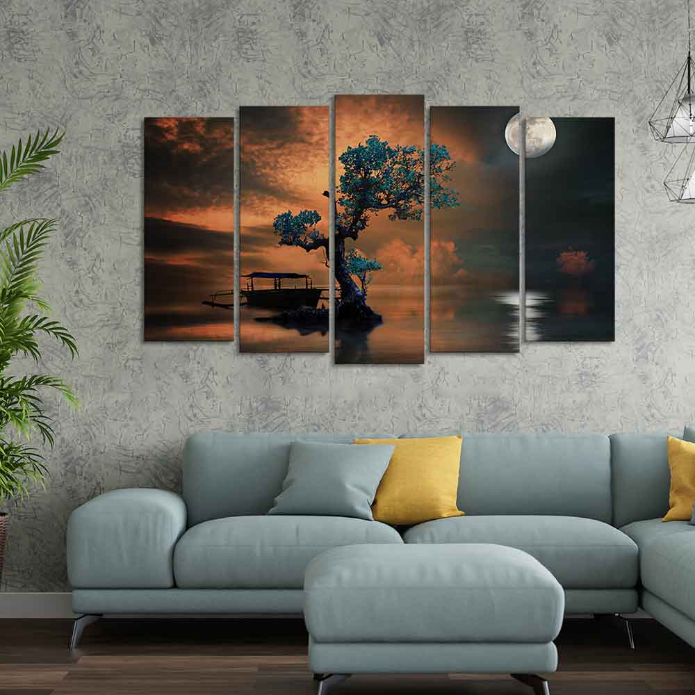 Amazing Tree Under The Moon Premium Wall Painting Set of 5 Pieces DECORMANTRA