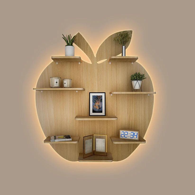 Apple Shape Backlit Designer Wooden Wall Shelf / Book Shelf / Night Light, Light Oak Finish - Decor Mantra 