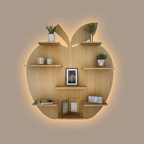Apple Shape Backlit Designer Wooden Wall Shelf / Book Shelf / Night Light, Light Oak Finish - Decor Mantra 