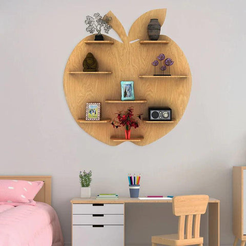 Apple Shape Backlit Designer Wooden Wall Shelf / Book Shelf / Night Light, Light Oak Finish - Decor Mantra 