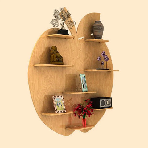 Apple Shape Backlit Designer Wooden Wall Shelf / Book Shelf / Night Light, Light Oak Finish - Decor Mantra 