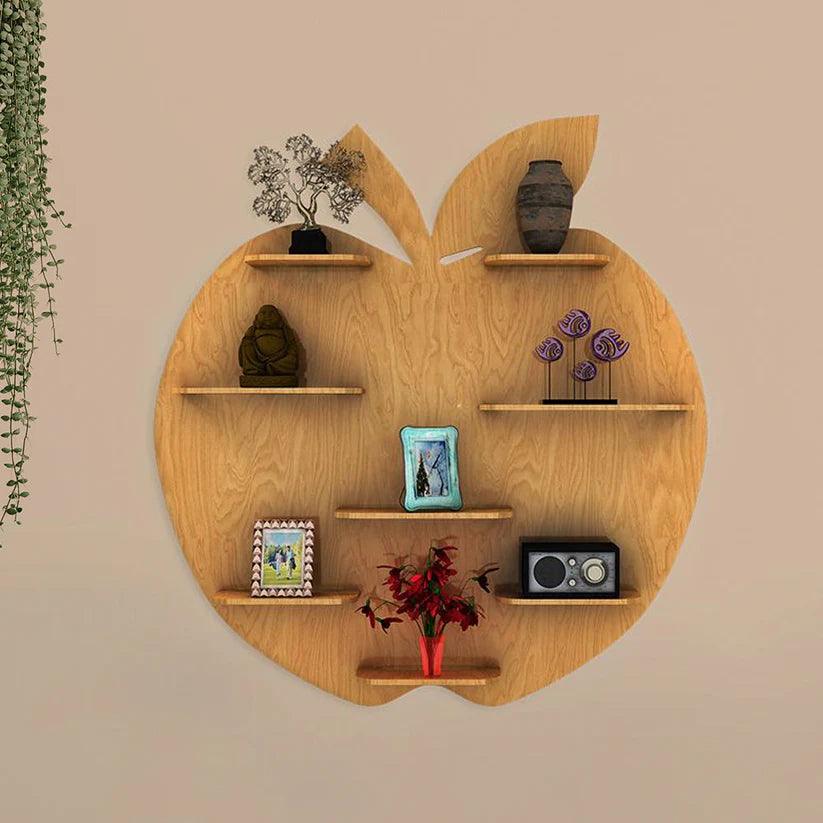 Apple Shape Backlit Designer Wooden Wall Shelf / Book Shelf / Night Light, Light Oak Finish - Decor Mantra 