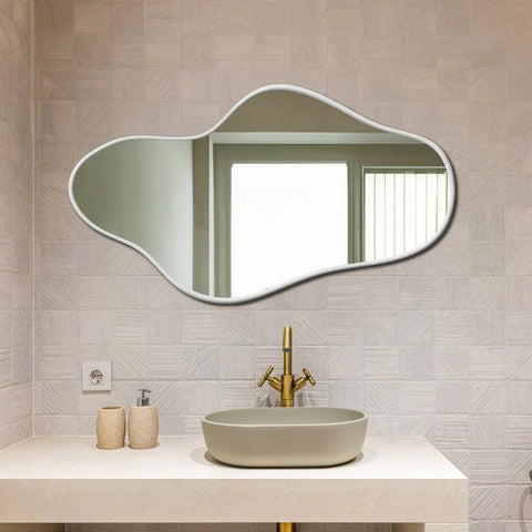Asymmetrical Irregular Bathroom Decor Mirror with Golden Wooden Finish - Decor Mantra 