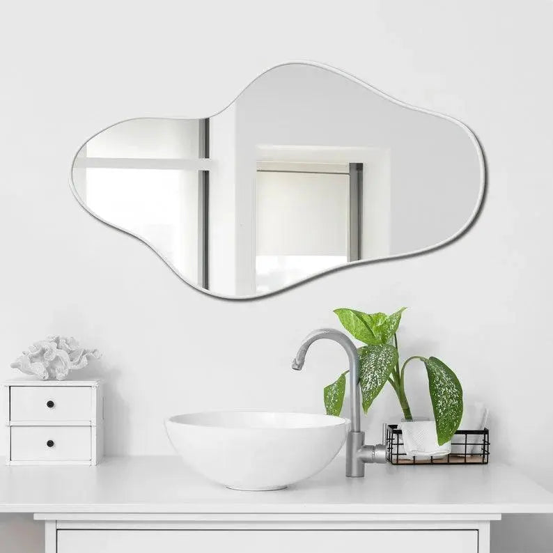 Asymmetrical Irregular Bathroom Decor Mirror with Golden Wooden Finish - Decor Mantra 