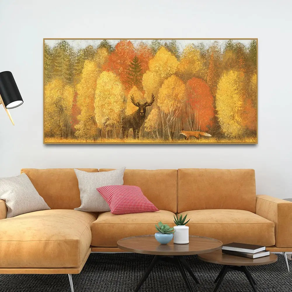 Autumn Foliage with Moose and Fox Premium Canvas Wall Painting DECORMANTRA