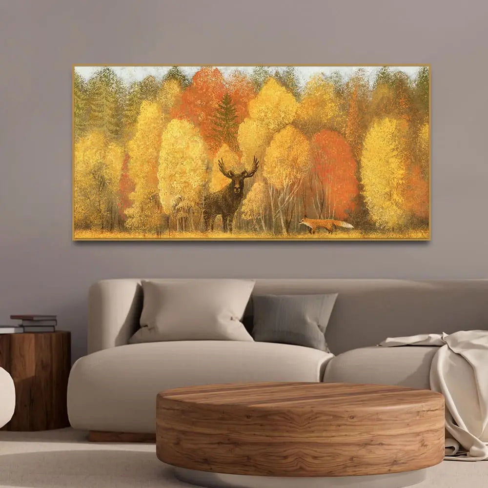 Autumn Foliage with Moose and Fox Premium Canvas Wall Painting DECORMANTRA