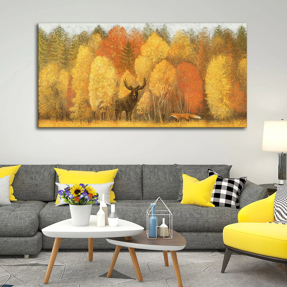 Autumn Foliage with Moose and Fox Premium Canvas Wall Painting DECORMANTRA