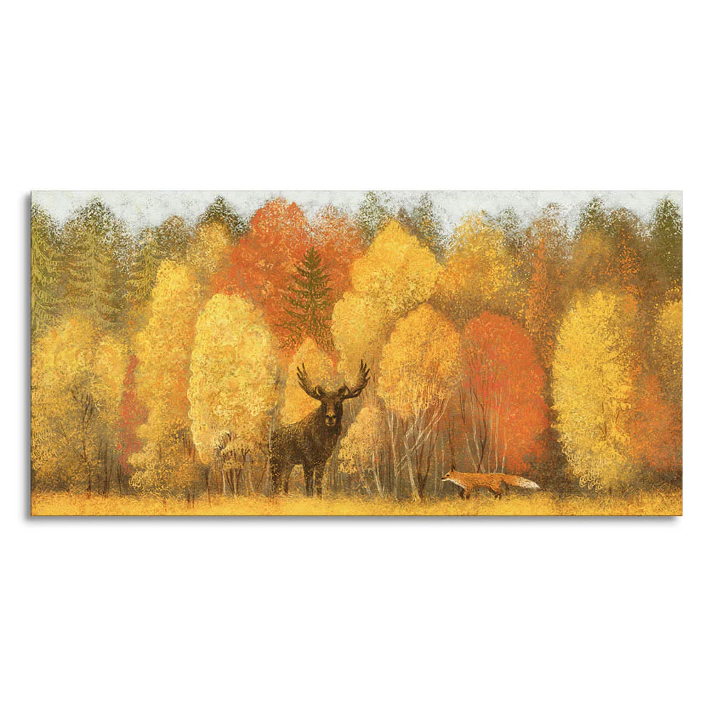 Autumn Foliage with Moose and Fox Premium Canvas Wall Painting DECORMANTRA