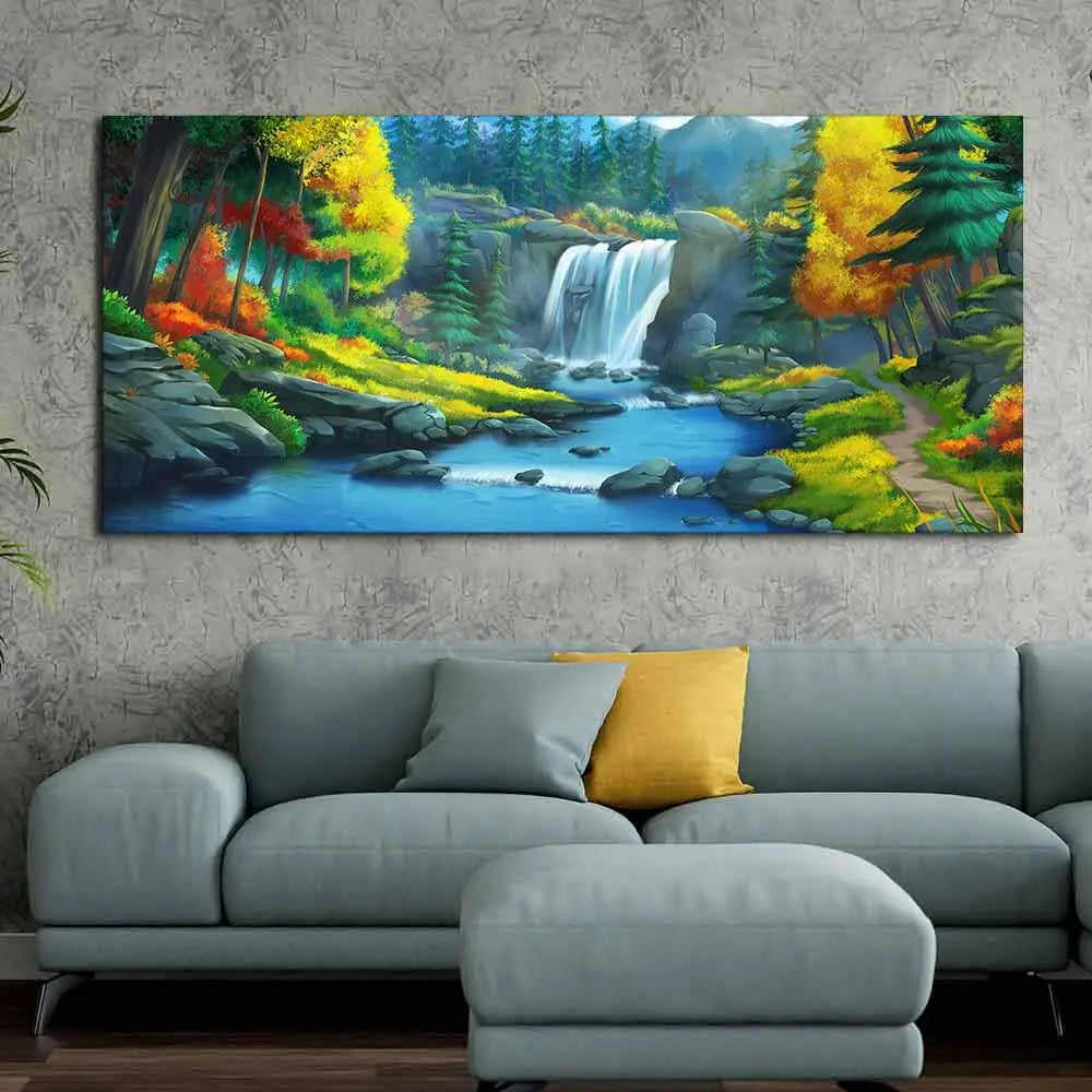 A Beautiful Waterfall In Forest Premium Wall Painting - Decor Mantra 
