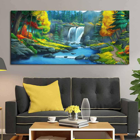 A Beautiful Waterfall In Forest Premium Wall Painting - Decor Mantra 