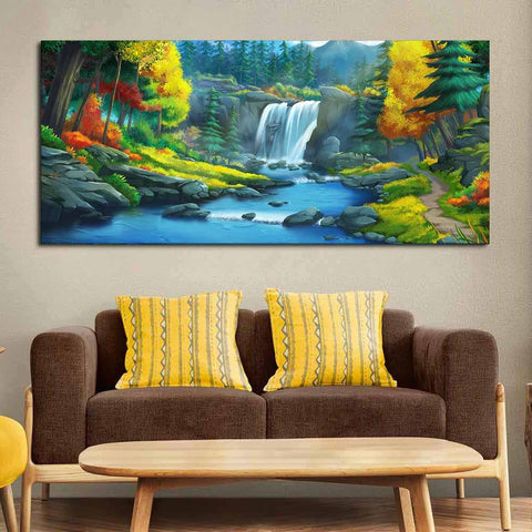 A Beautiful Waterfall In Forest Premium Wall Painting - Decor Mantra 